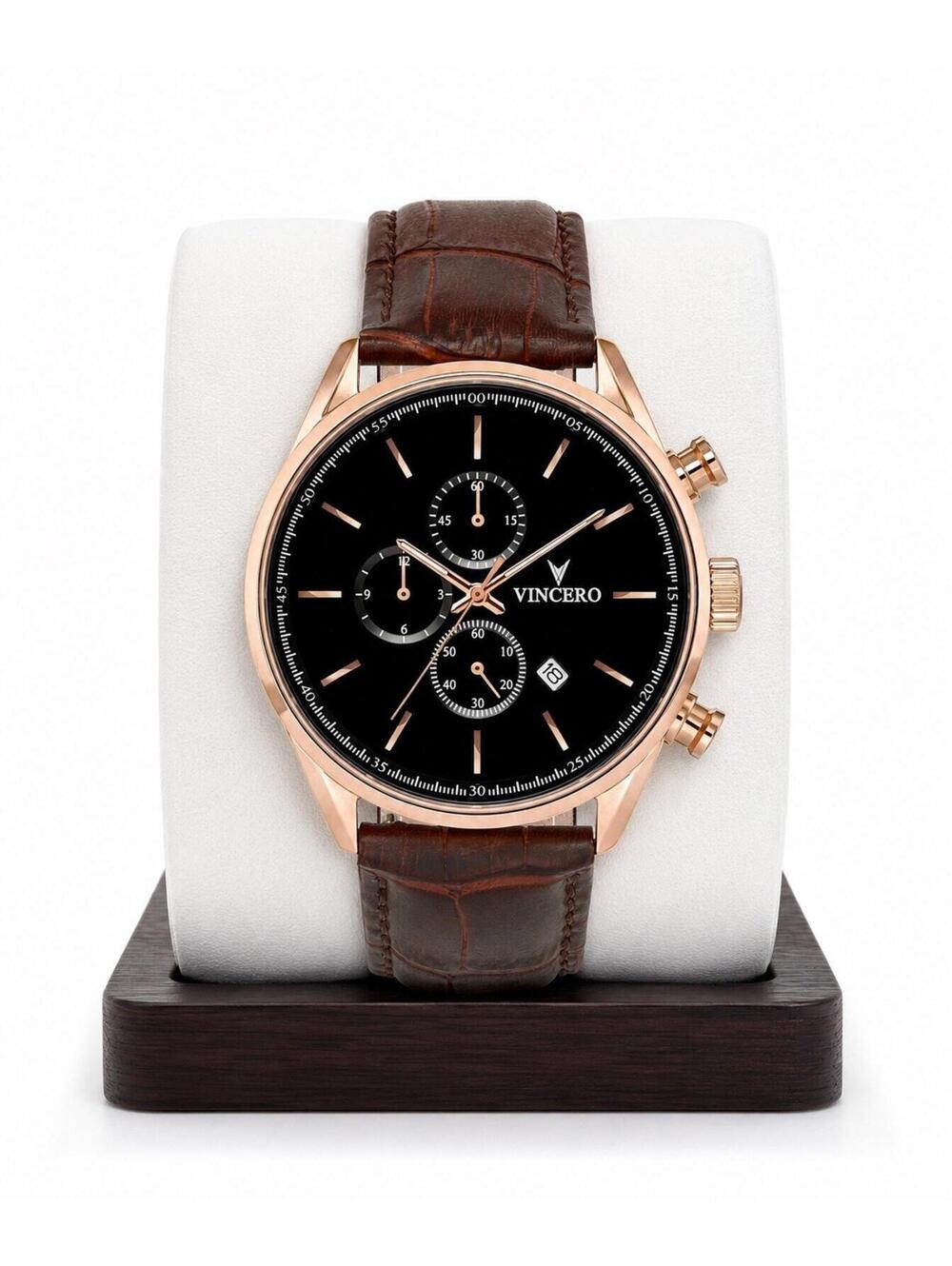 Vincero Chrono S 40mm Rose Gold Chronograph Watch Black Dial Brown Leather Men